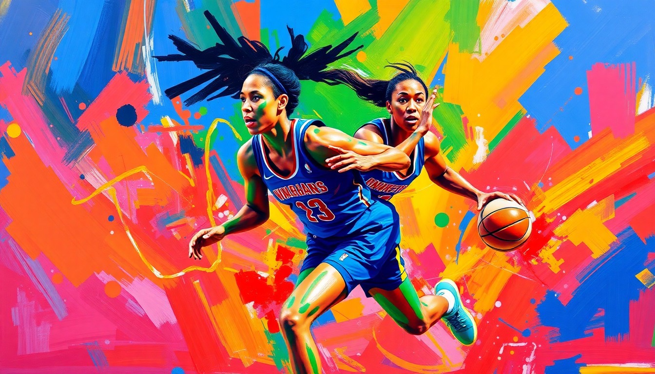 An abstract, expressionist painting in vibrant neon colors depicts a WNBA player in mid-motion, with bold, energetic brushstrokes conveying the raw athleticism and dynamic movement of the game.