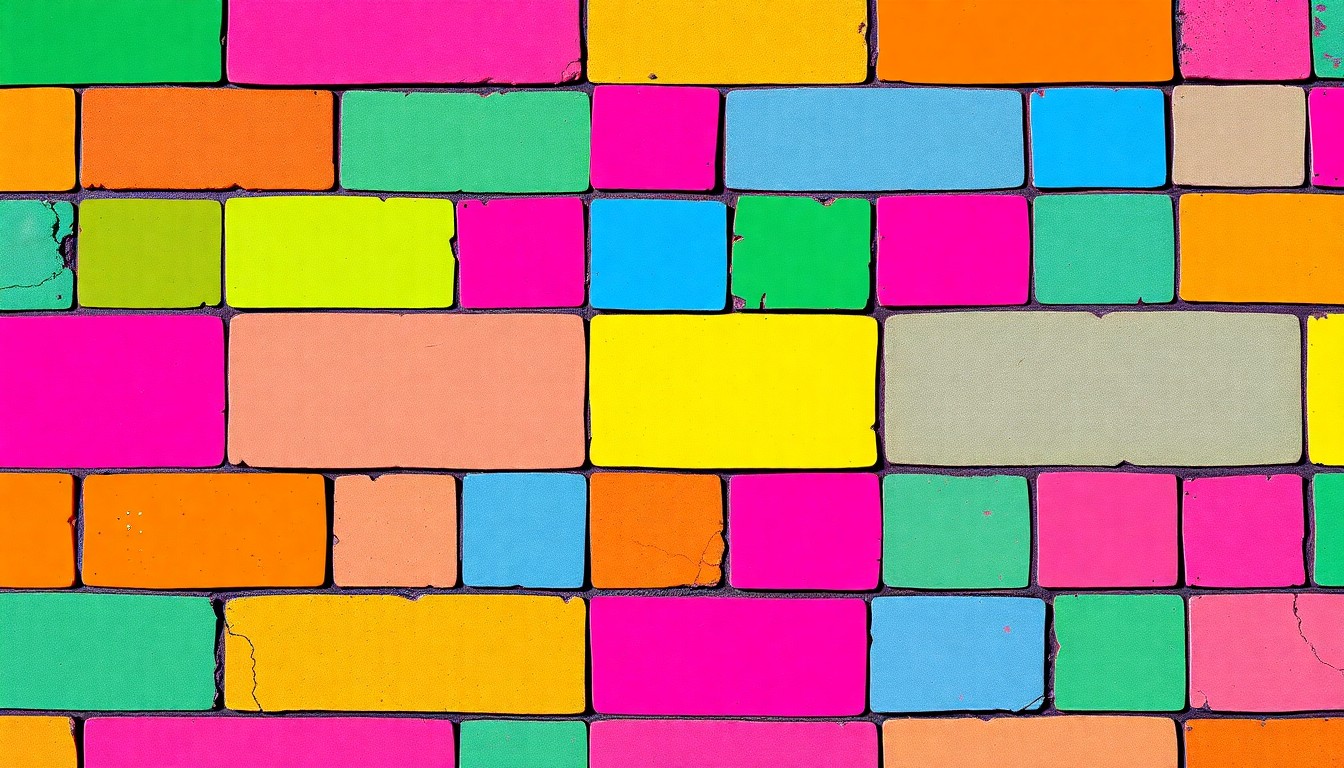 A highly stylized, abstract image composed of repeating patterns of a tall concrete wall in vibrant neon colors, conceptually representing the divisive dispute between two neighbors.