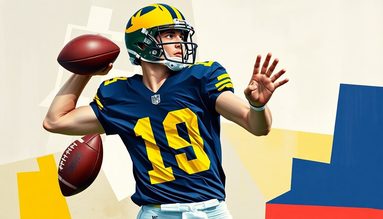 A fragmented, geometric painting depicting a football quarterback in mid-throw motion, with the player's jersey in the University of Michigan's signature maize and blue colors.