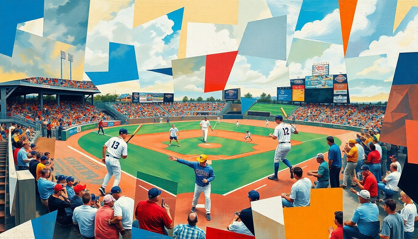A fractured, multi-perspective painting in the style of Pablo Picasso, breaking a Little League baseball game down into sharp, overlapping geometric planes of color and abstract shapes, conceptually representing the community's resilience and unity after a natural disaster.