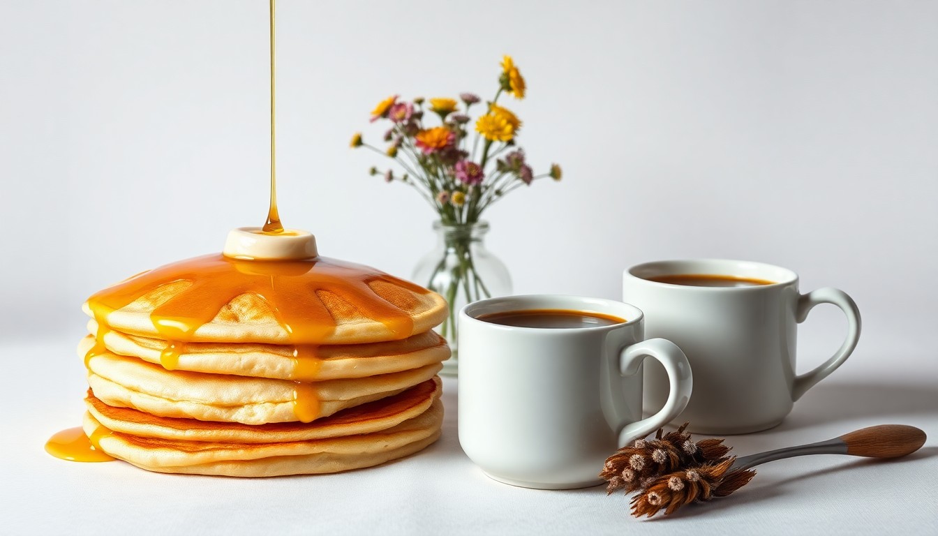 A photorealistic studio still life featuring a stack of golden buttermilk pancakes, a cup of coffee, and a small vase of wildflowers, conceptually representing the premium, artisanal quality of Big Bad Breakfast's menu.