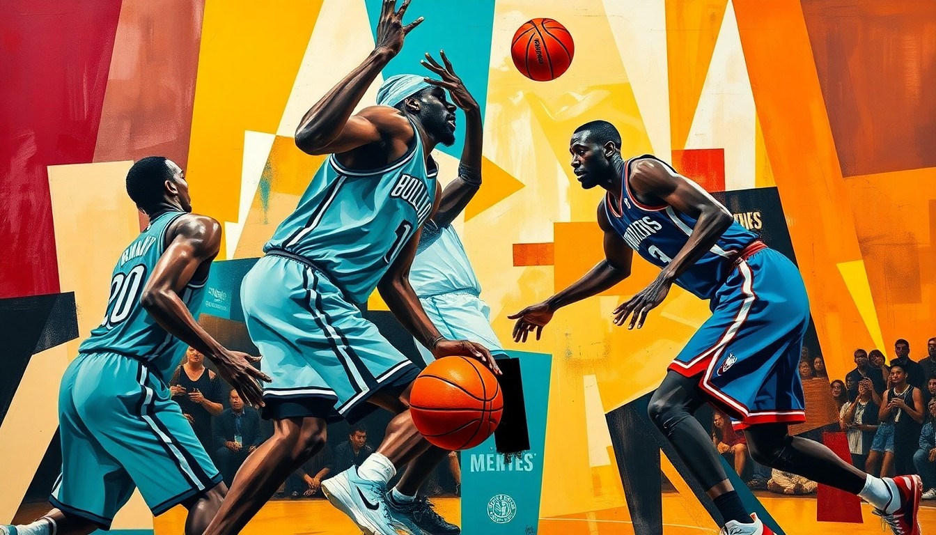 A cubist, geometric painting depicting the dynamic action of a basketball game, with players' figures broken down into abstract shapes and forms, capturing the energy and intensity of the play-in tournament clash between the Miami Heat and Charlotte Hornets.