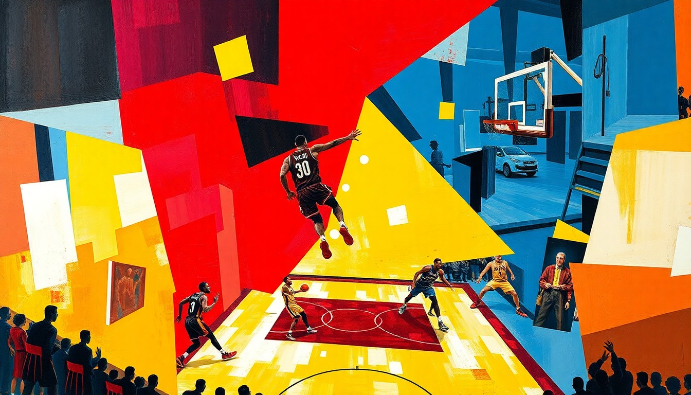 A cubist, geometric painting depicting a fragmented basketball game or match, with sharp, overlapping planes of red, yellow, and blue representing the Miami Heat's colors and style of play.