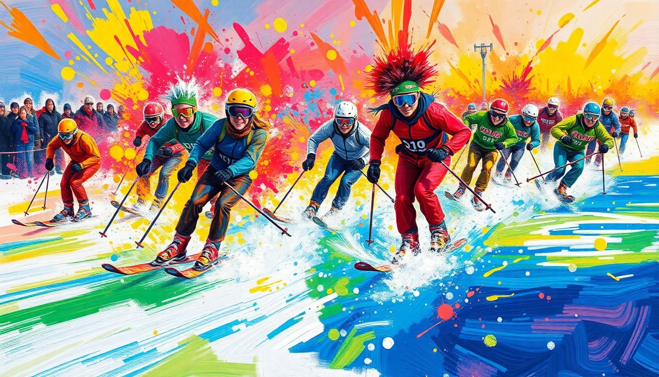 An abstract, expressionist painting in neon colors depicting skiers in various costumes attempting to skim across a pond, with their forms and details dissolving into vibrant brushstrokes and splatters of paint.