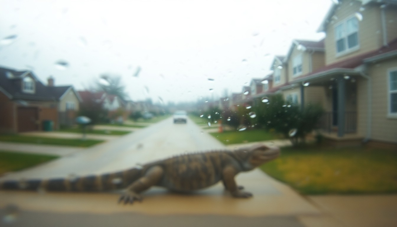An abstract, impressionistic photograph showing the blurred outline of a large reptile in the foreground of a hazy, warm-toned residential neighborhood scene, conceptually representing the alligator removal incident.