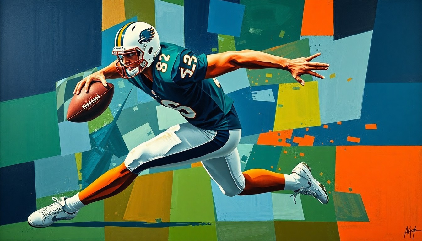 A fragmented, geometric painting depicting the dynamic motion of a football player in the midst of a pass rushing maneuver, with sharp planes of navy, green, and orange conveying the raw power and athleticism of the sport.