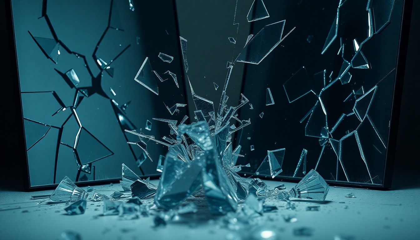 An abstract close-up image of shattered glass and cracked mirrors, captured in dramatic high-contrast lighting to convey the emotional aftermath of a domestic dispute.