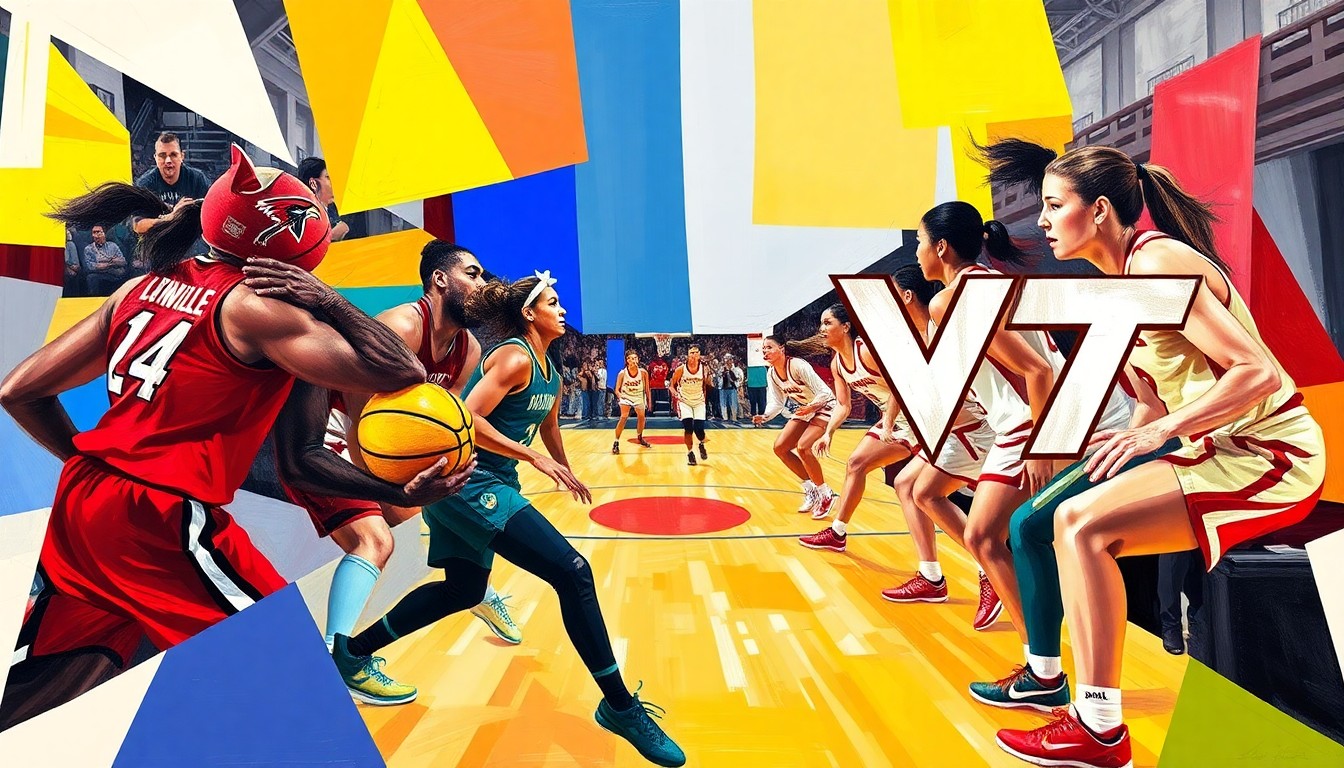 A cubist, geometric painting depicting the motion and energy of a women's basketball game, with overlapping shapes and planes in the colors of the Louisville and Virginia Tech uniforms.