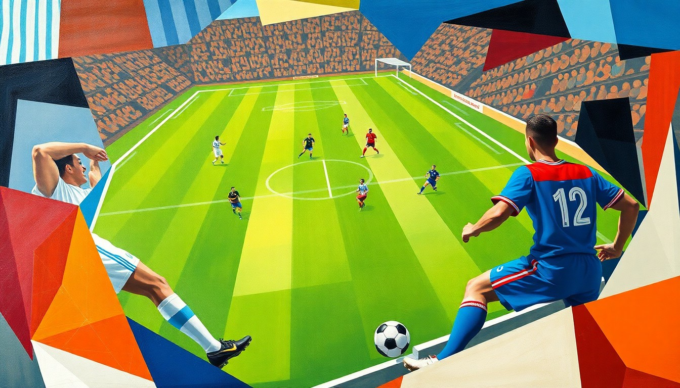 A fragmented, geometric painting depicting an abstract soccer match, with players and the field rendered in sharp, overlapping planes of color and shape, conceptually representing the complex legal dispute surrounding Lionel Messi's no-show at two scheduled exhibition games.
