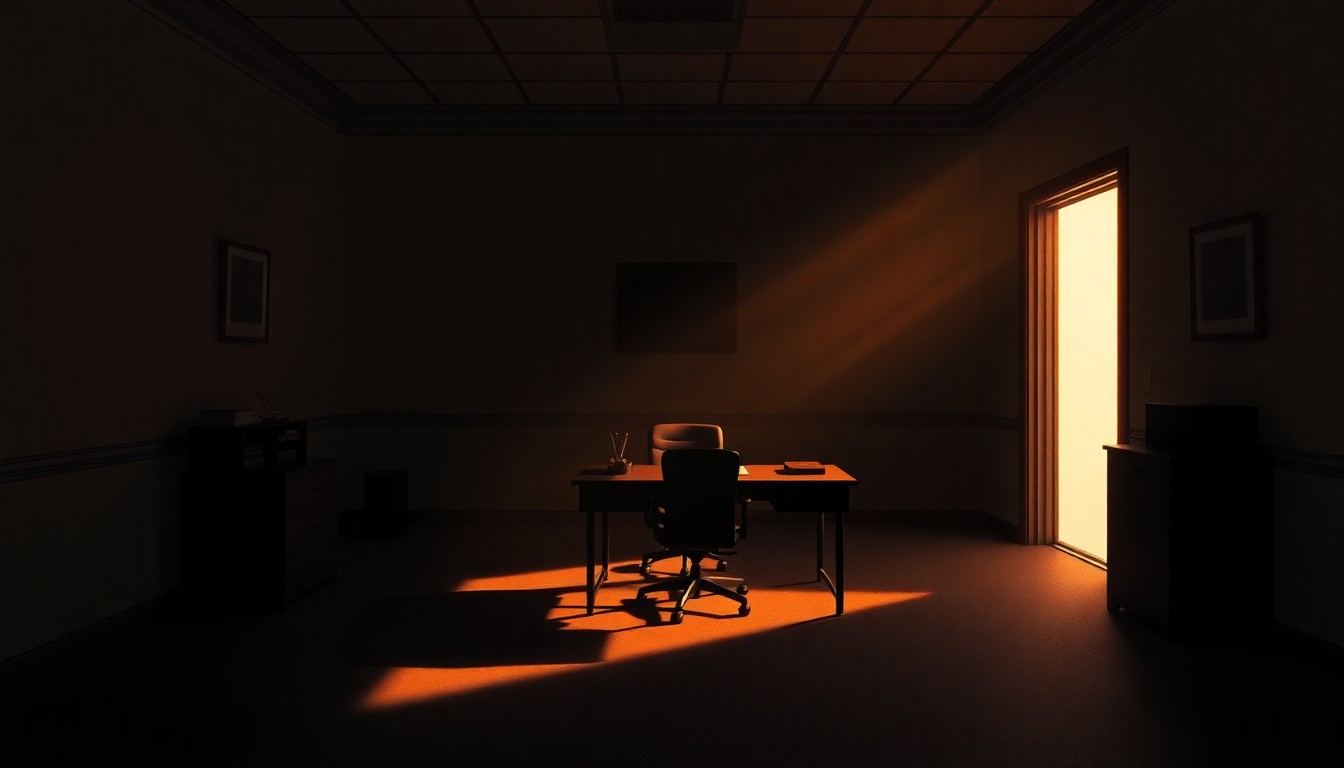 A dimly lit, cinematic painting of a solitary government office space with a desk and chair, bathed in warm, diagonal sunlight and deep shadows, conceptually representing the debate over a controversial California bill and its impact on watchdog journalism.