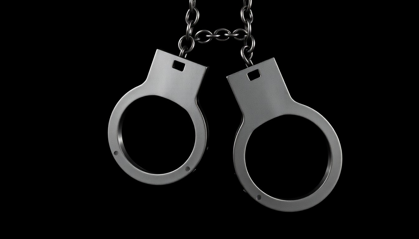 An extreme close-up photograph of a pair of metal handcuffs against a completely black background, the harsh flash illuminating the textured surface and reflecting off the shiny metal.
