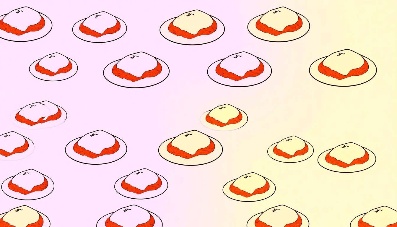 A brightly colored, high-contrast silkscreen print of a single, iconic chicken parmesan dish repeated in a tight grid pattern, utilizing flat, vibrant, and unnatural neon color palettes overlapping with heavy black photographic outlines to turn the classic comfort food into modern pop art.