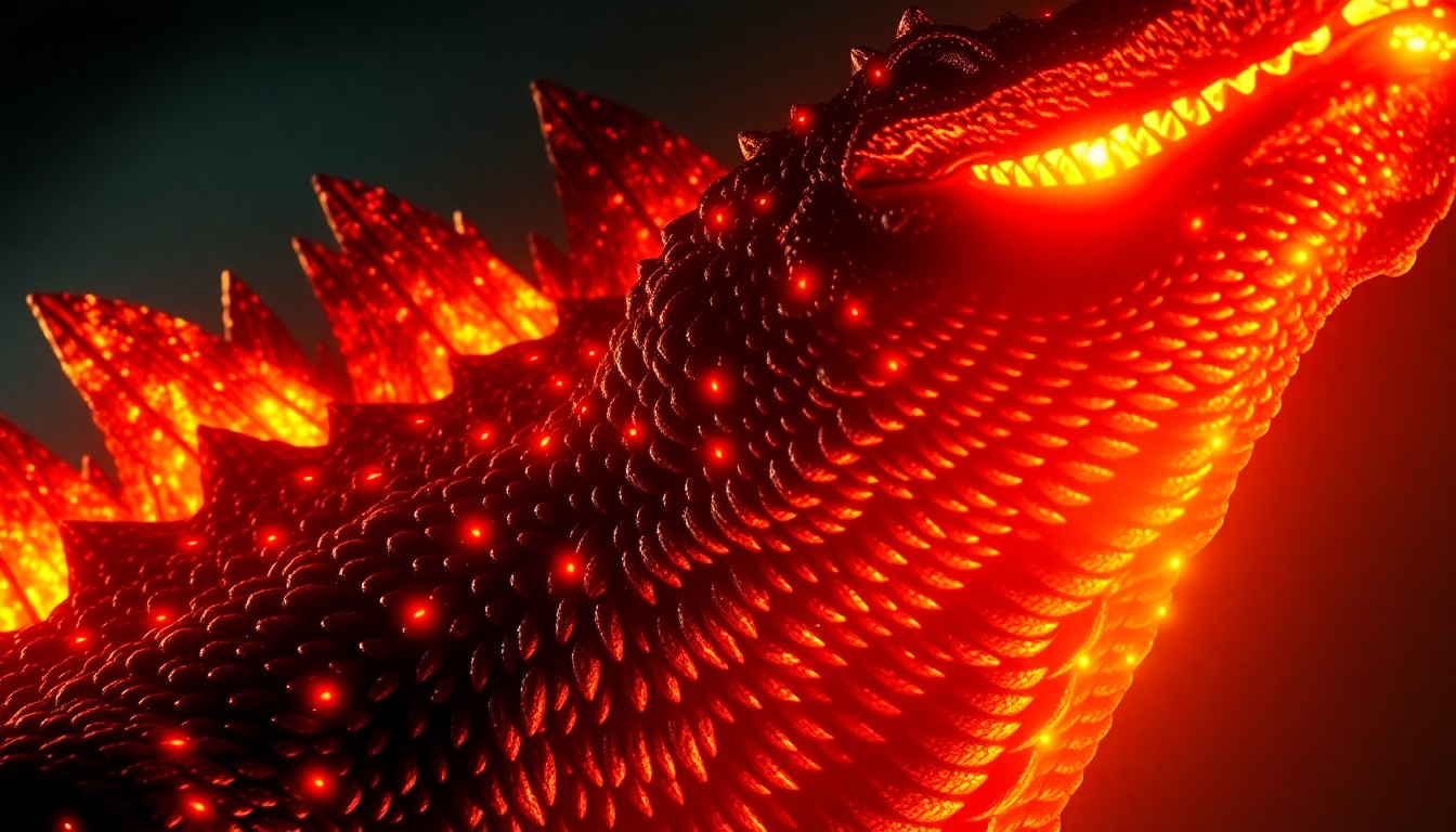 An extreme close-up photograph of Godzilla's rough, scaly skin texture, captured in dramatic, high-contrast studio lighting to create a sense of power and intensity.