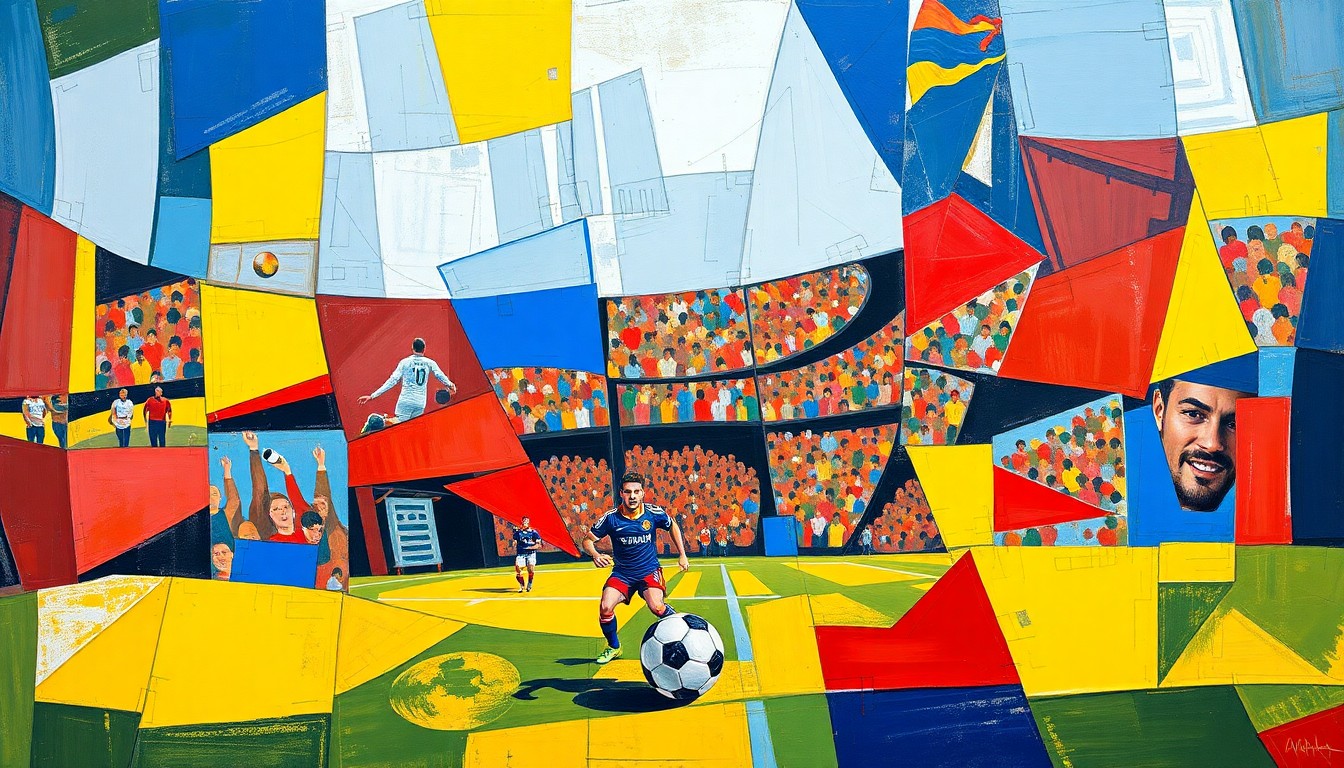 A fragmented, cubist-style painting depicting a soccer match or competition, with the players and ball broken down into sharp, overlapping geometric shapes in a vibrant color palette.