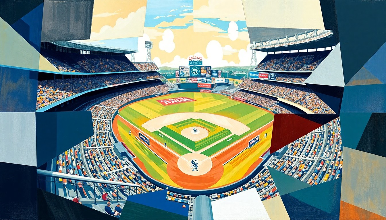A cubist, geometric painting depicting a baseball game between the Seattle Mariners and San Diego Padres, with sharp, overlapping planes of color and form capturing the dynamic action on the field.