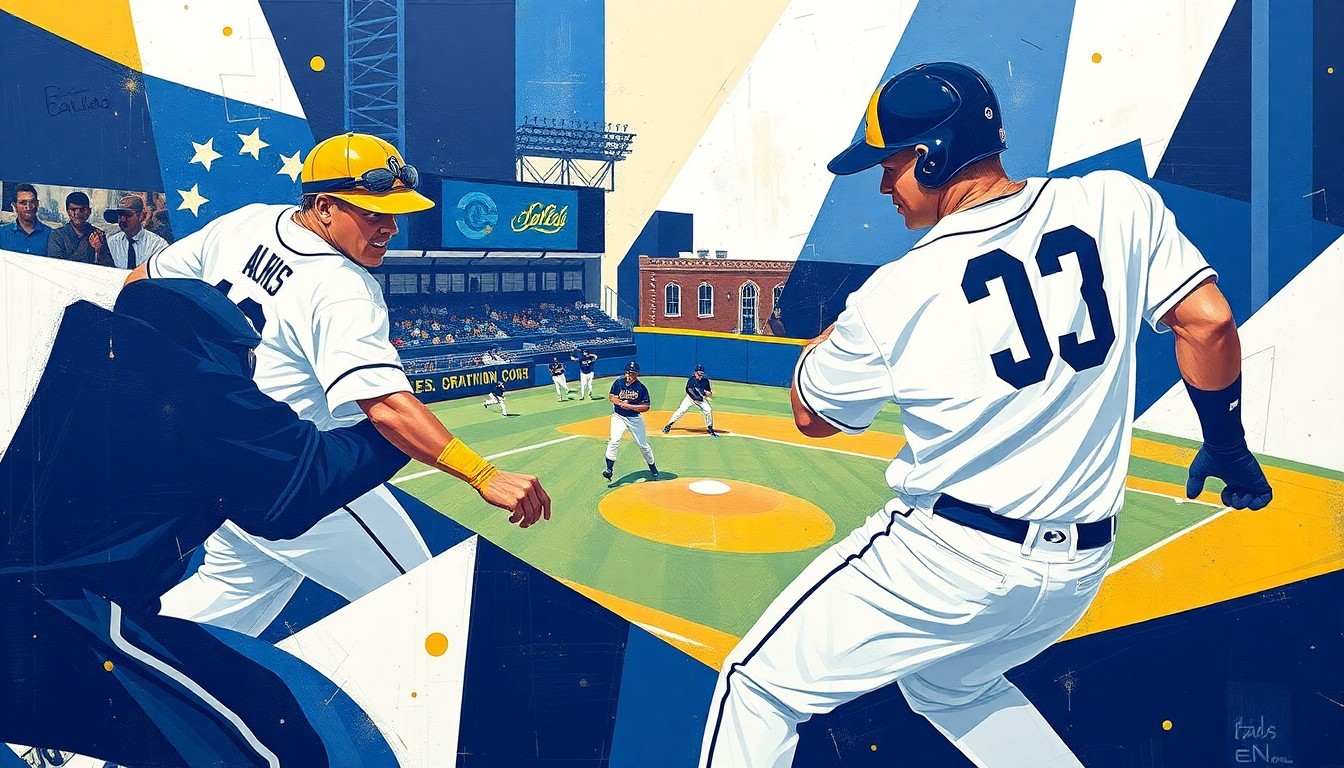 A fragmented, geometric painting depicting college baseball players in action, with sharp planes of navy blue, white, and gold colors representing the UCLA Bruins' Jackie Robinson-inspired uniforms.