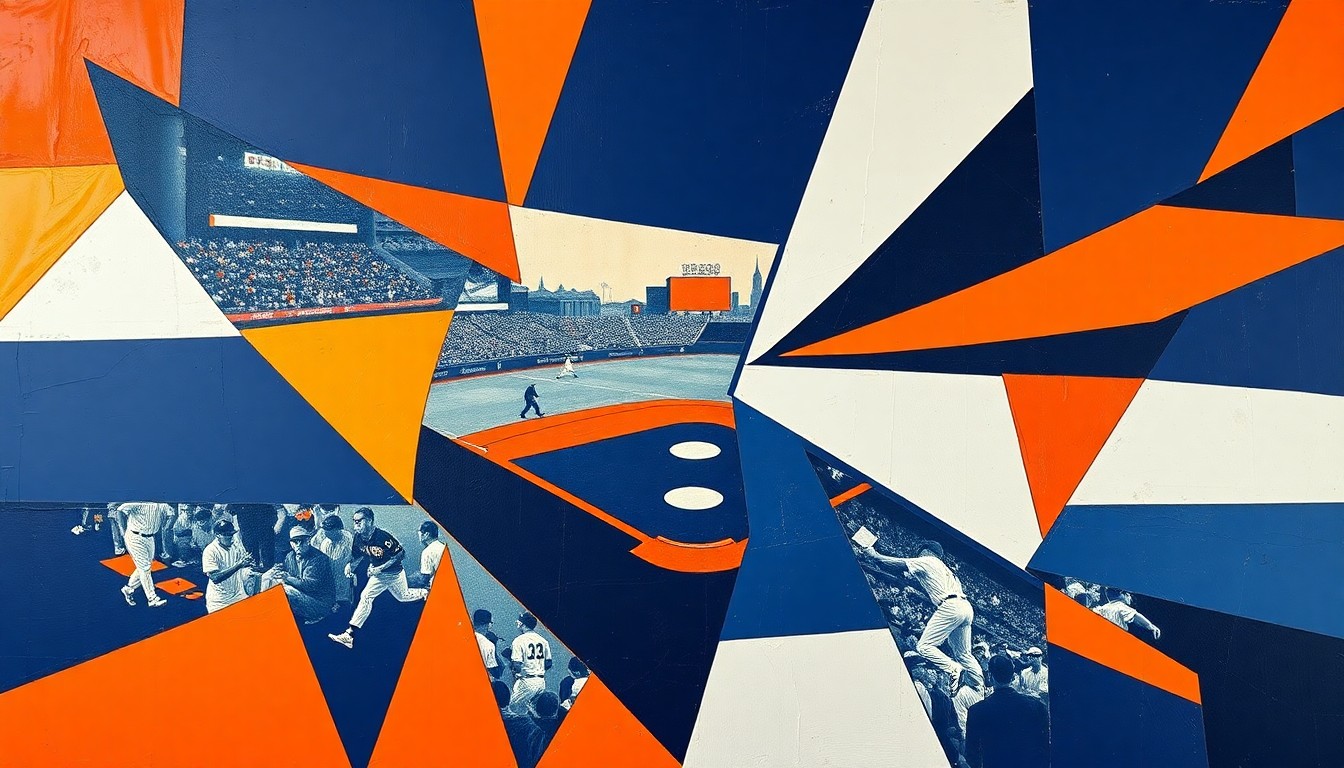 A cubist-style painting featuring sharp, overlapping geometric shapes and planes in navy blue, orange, and white, conceptually representing the dynamic action and energy of a baseball game or match.