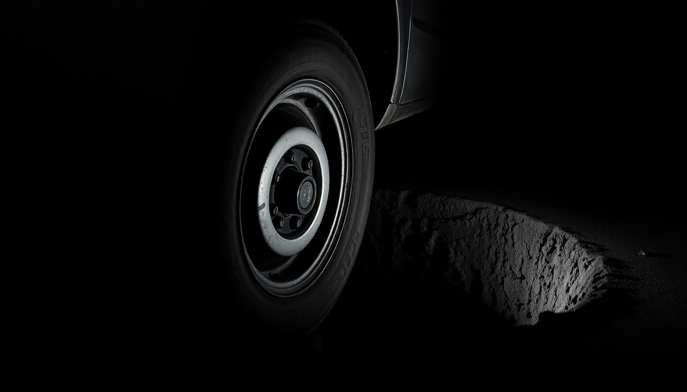 An extreme close-up photograph of a damaged vehicle's tire and the edge of the sinkhole it struck, capturing the stark, gritty aftermath of the incident.