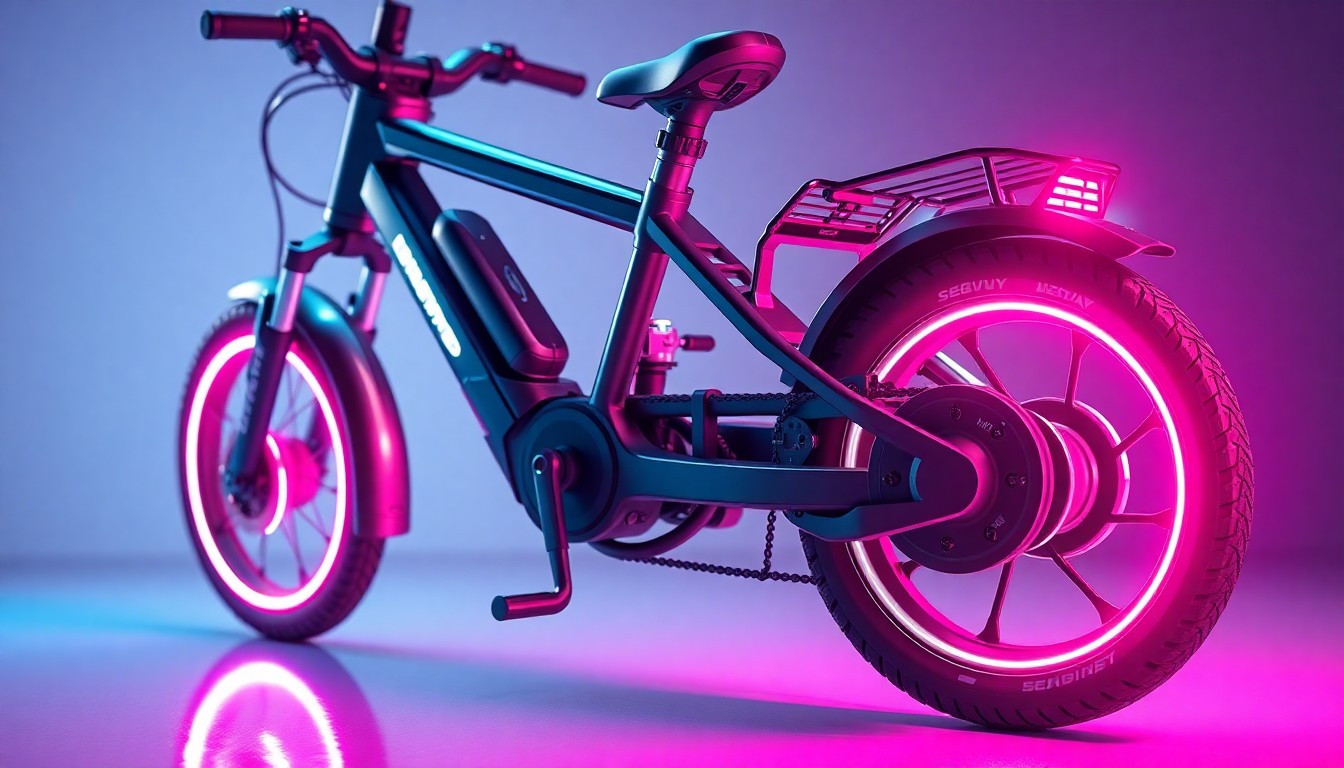 A highly detailed, 3D macro illustration of the Segway MUXI e-bike, with its frame, components, and sensors illuminated by neon cyan and magenta lights, conveying a sense of advanced, high-tech engineering and connectivity.