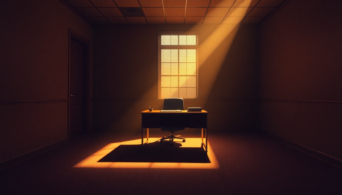 A dimly lit, empty government office with a lone desk bathed in warm, diagonal sunlight and deep shadows, conveying a sense of solitude and uncertainty.