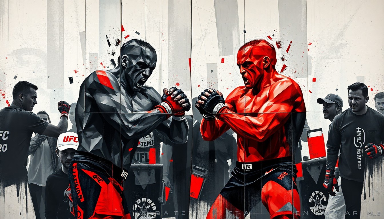 A cubist, geometric painting depicting a fragmented UFC fight scene, with sharp planes of dark grays, reds, and blacks colliding to create a tense, confrontational visual metaphor.