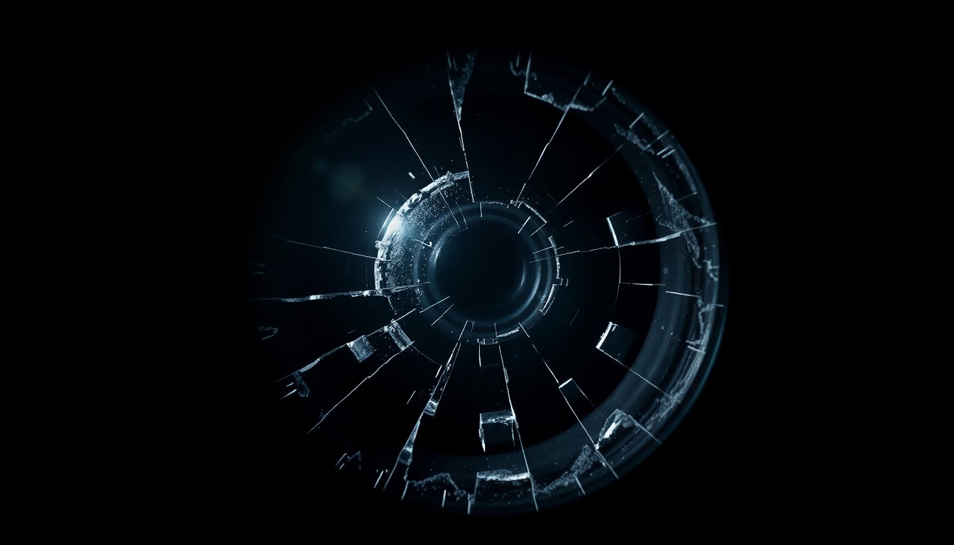 An extreme close-up photograph of a shattered glass lens from a security camera, capturing the harsh, gritty aftermath of a violent incident at a local festival.