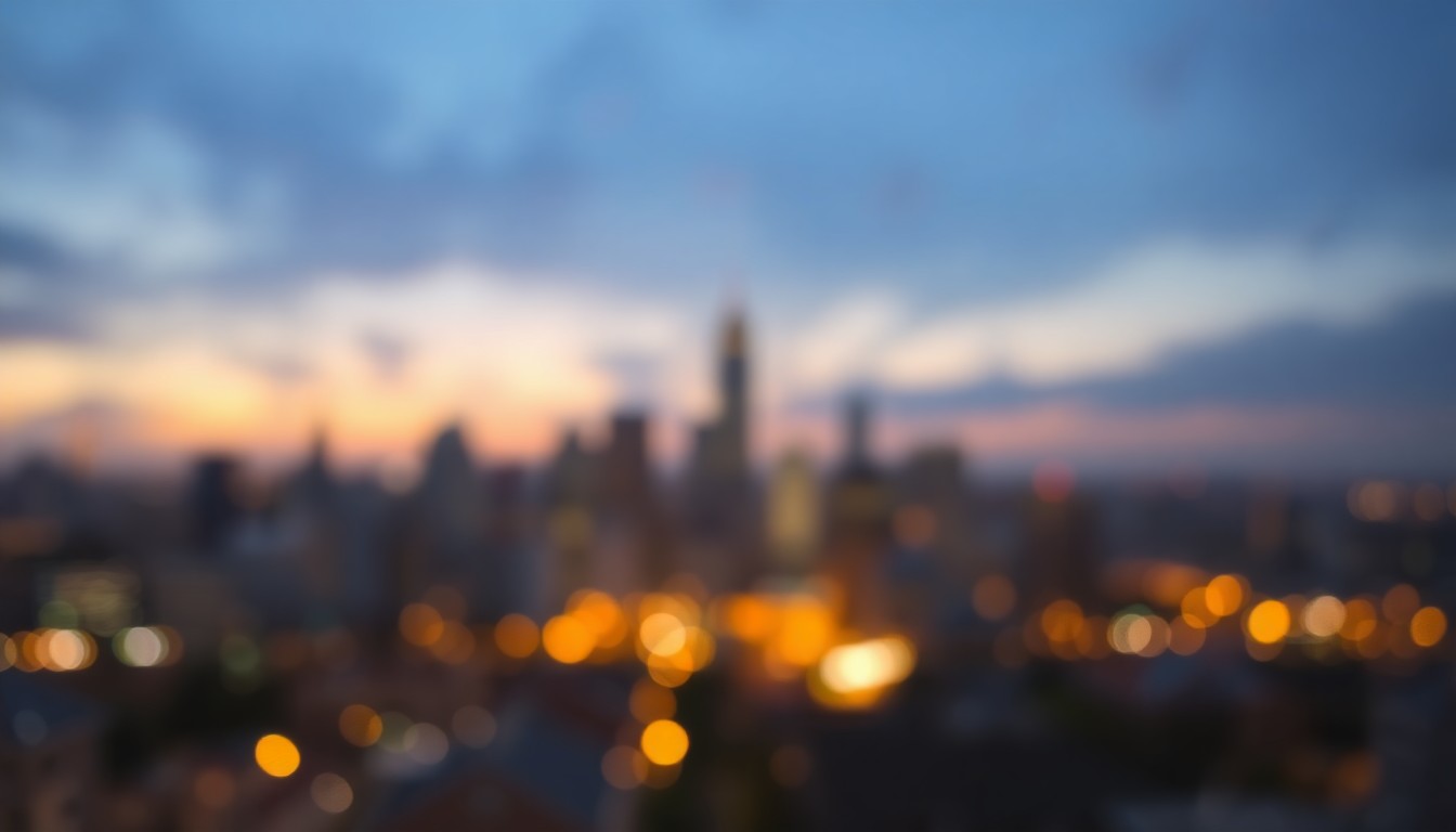 An extremely abstracted, out-of-focus photograph depicting a blurred, dreamlike scene of a city skyline at dusk, with warm pools of light and color representing the idea of a community coming together to discuss financial matters.