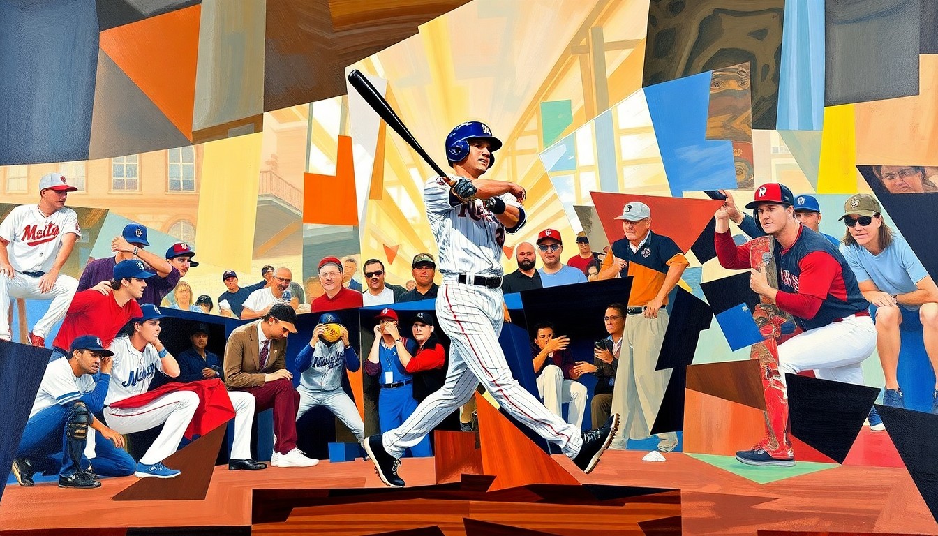 A fragmented, geometric painting depicting the motion and energy of a baseball player swinging a bat, with the ball blurred and breaking apart into overlapping shapes and planes of color.