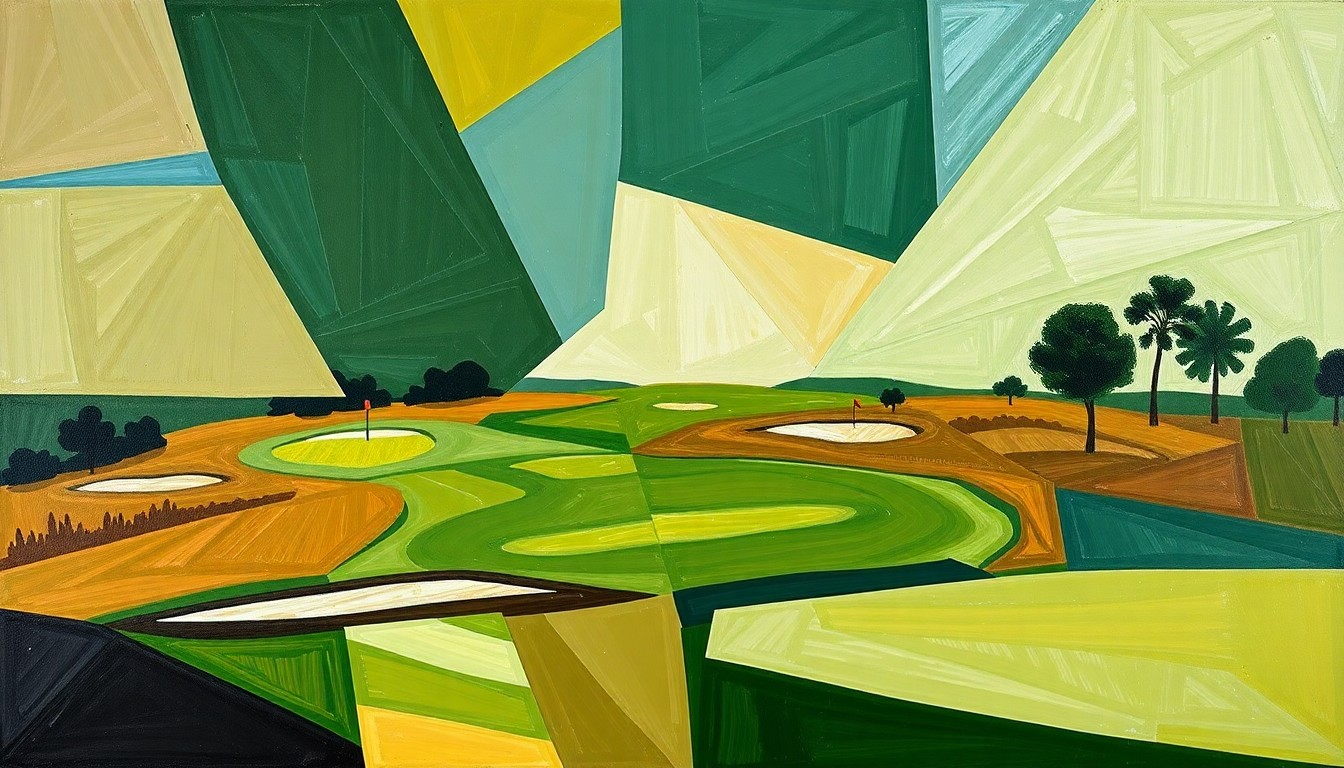 A cubist-style painting depicting a golf course landscape broken down into sharp, overlapping geometric shapes in earthy tones, conveying the upcoming renovation and modernization of Finkbine Golf Course.