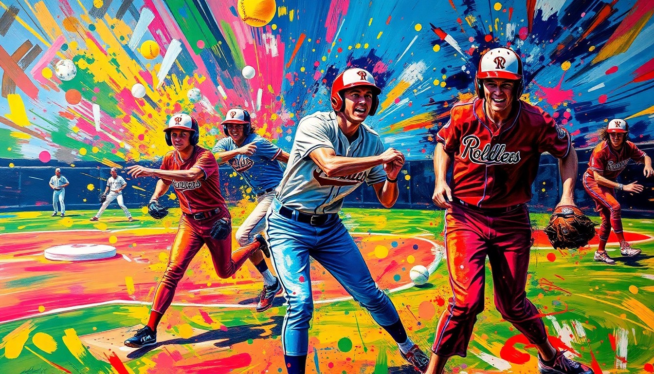 An abstract, expressionist painting in vibrant neon colors capturing the dynamic motion and energy of a high school softball game, with players' forms dissolving into bold, gestural brushstrokes.