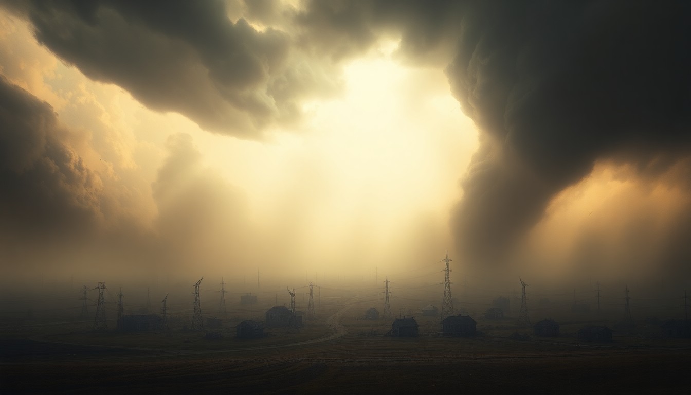 A sweeping, atmospheric landscape painting depicting a tornado-ravaged Kansas town shrouded in ominous haze, with the remaining structures and debris dwarfed by the overwhelming power of the natural disaster.