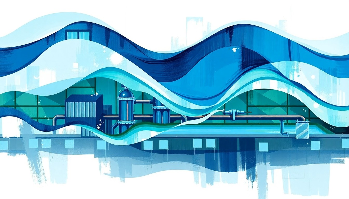 A dynamic, abstract painting featuring overlapping, geometric waves of blue, green, and gray, representing the complex, high-tech nature of modern water infrastructure.