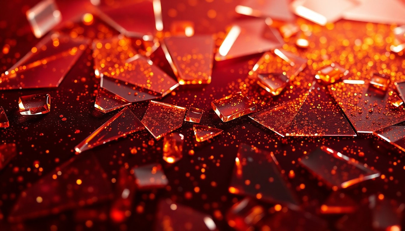 An extreme close-up of a shattered, glittering glass surface in warm, high-contrast tones of amber, crimson, and gold, conceptually representing the overwhelming success of the Dungeon Crawler Carl tabletop games crowdfunding campaign.