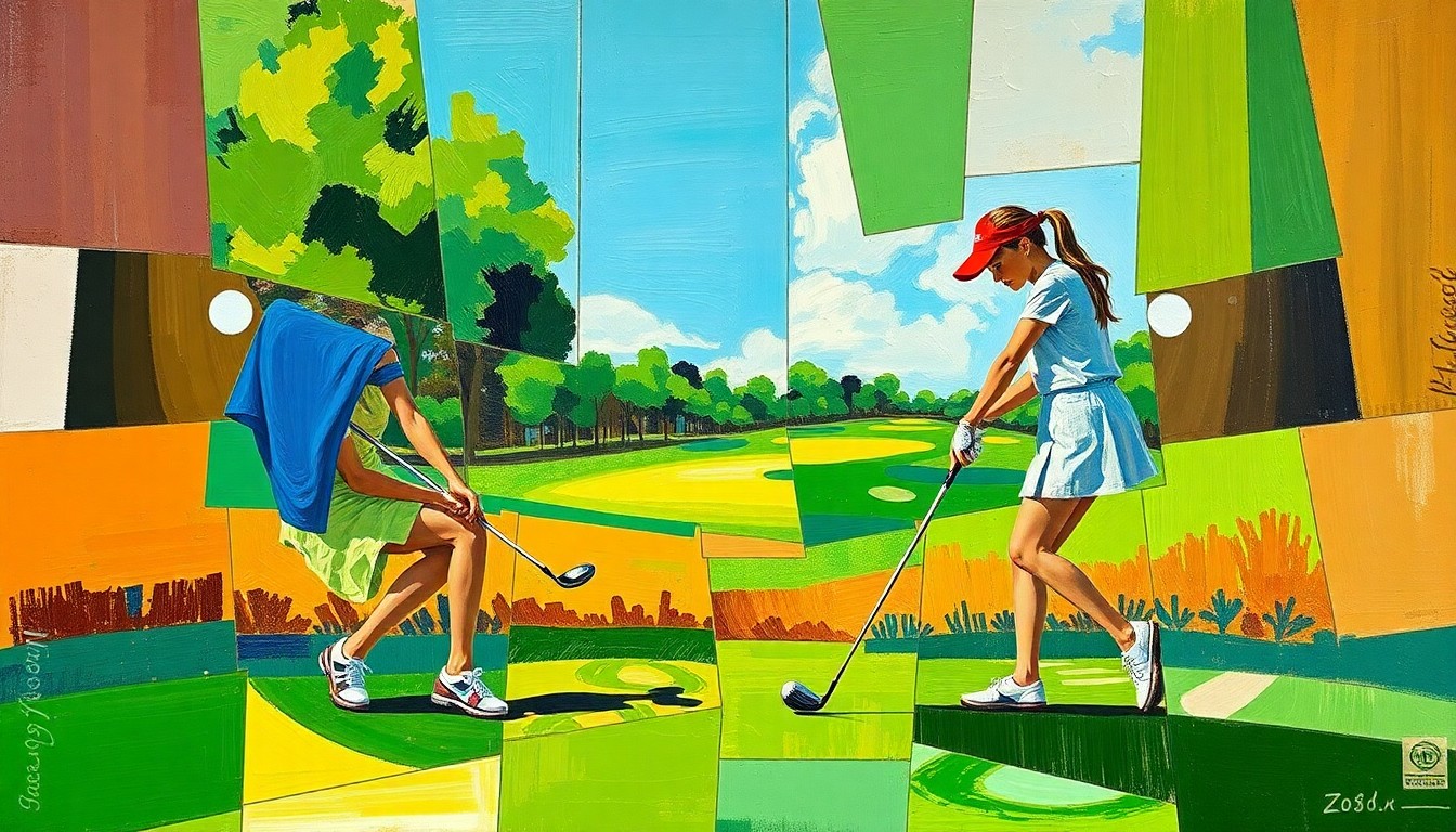 A vibrant, cubist-style painting depicting a girls golf match, with sharp geometric shapes in shades of green, blue, and brown overlapping to create a dynamic, fragmented visual representation of the competition.