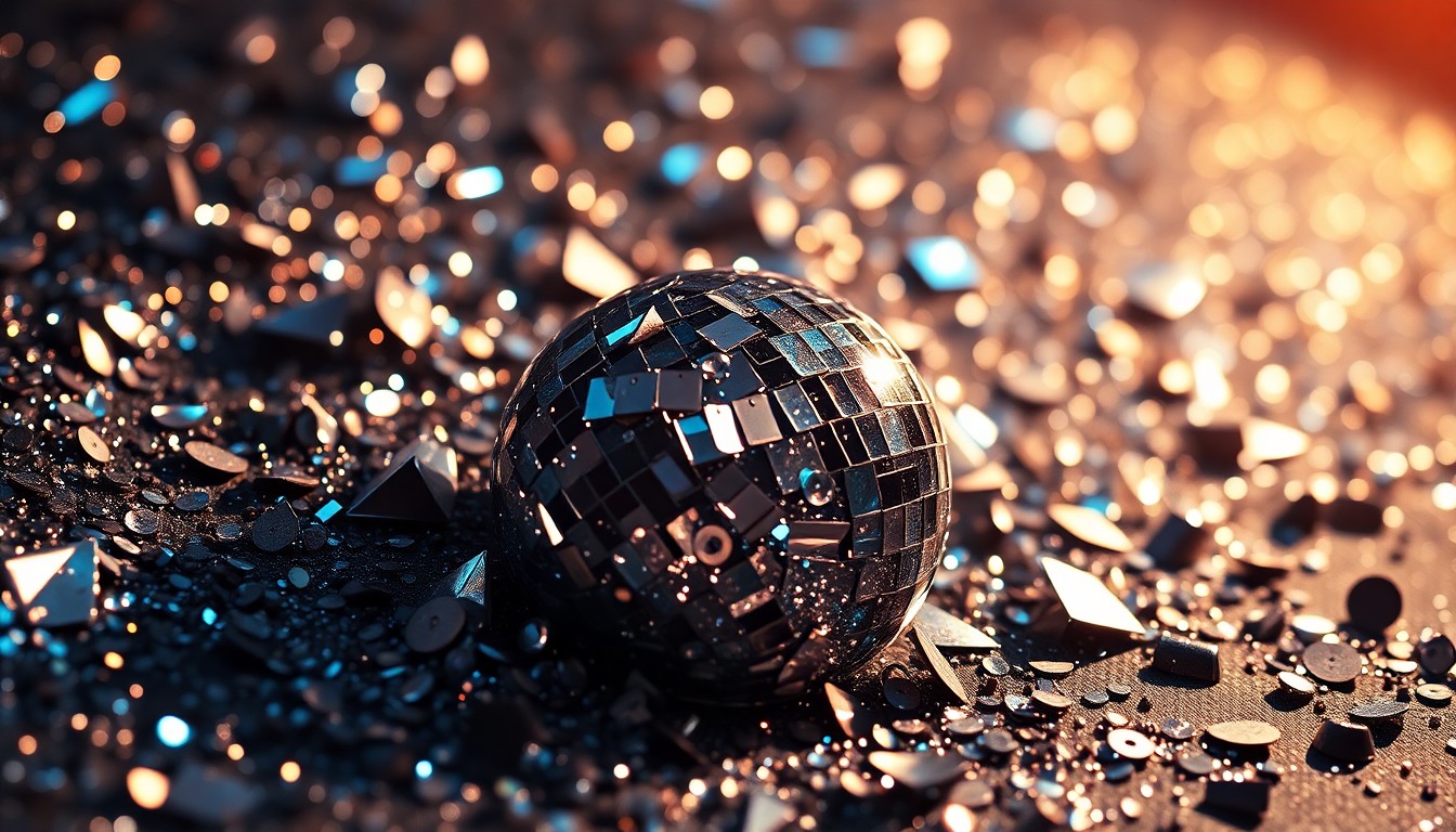 An abstract close-up image of shimmering sequins and shattered glass, capturing the high-energy glamour of a Broadway performance.