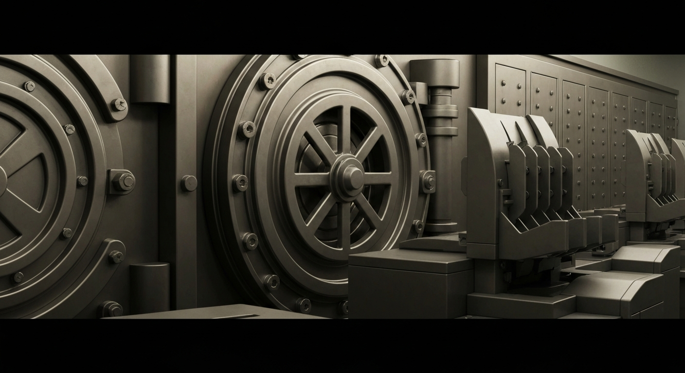 An extreme close-up of heavy, industrial banking equipment and machinery, conveying a sense of institutional strength and financial security without using any literal currency or text.