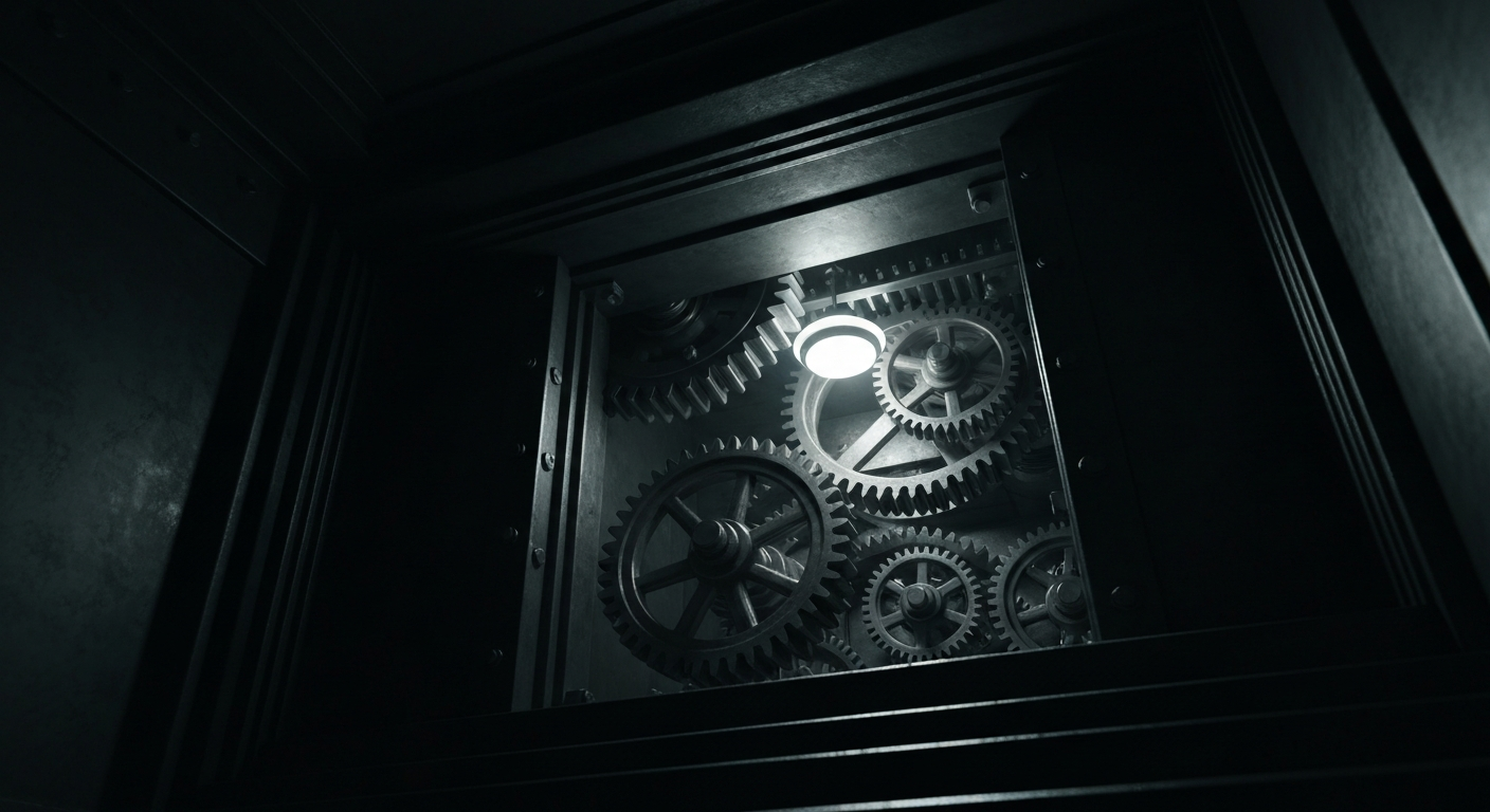 An extreme close-up of the complex inner workings of a large, industrial banking vault, with gears, levers, and other mechanical components filling the frame in a dramatic, high-contrast composition that conceptually represents the financial strength and security of a major corporation.