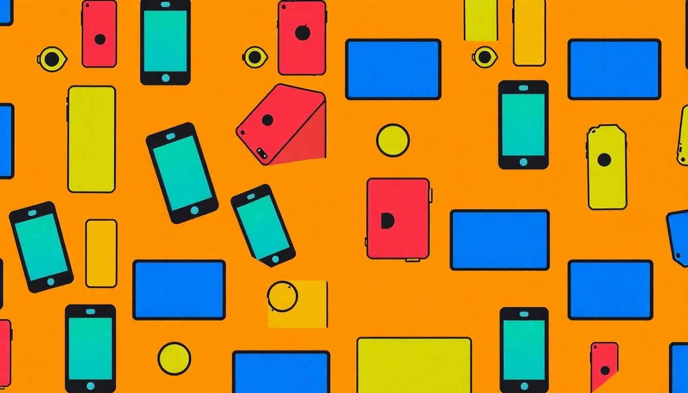 A brightly colored, high-contrast silkscreen print of a smartphone repeated in a tight grid pattern, utilizing flat, vibrant neon colors and heavy black outlines to transform the everyday device into a modern pop art representation of digital technology.