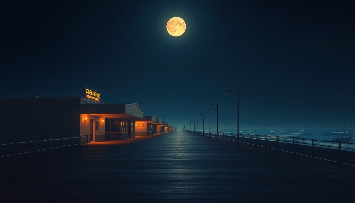 A serene, moody painting of a deserted boardwalk at night, with the ocean and distant buildings visible in the background, conveying a sense of solitude and unease.