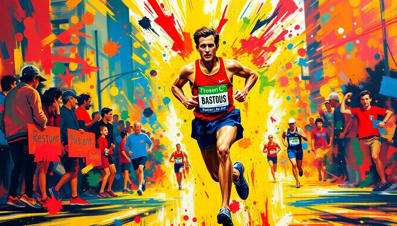 An abstract, expressionist painting in vibrant neon colors capturing the raw energy and motion of a runner, their form dissolving into brushstrokes that convey a sense of triumph and determination.