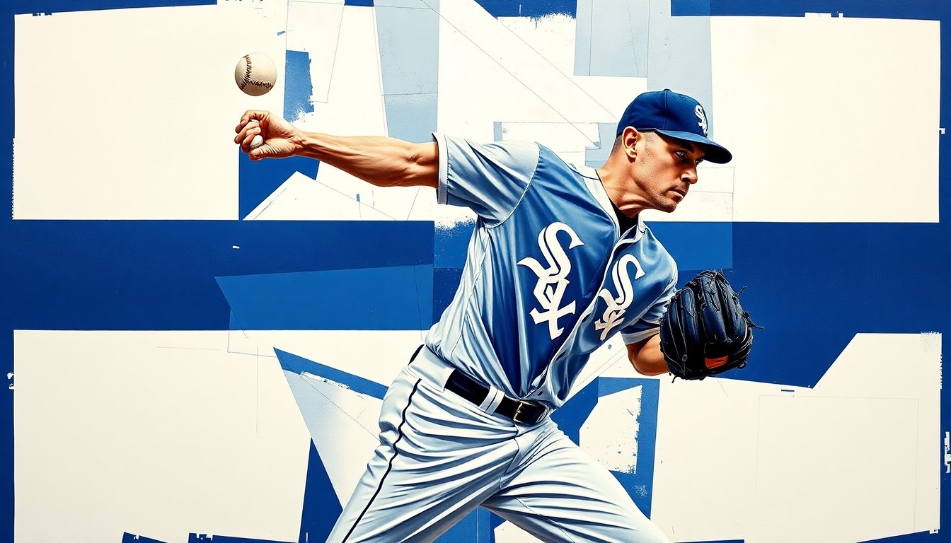 A fractured, geometric painting depicting a baseball pitcher's delivery, with sharp planes of navy blue, silver, and white representing the Chicago White Sox's team colors.