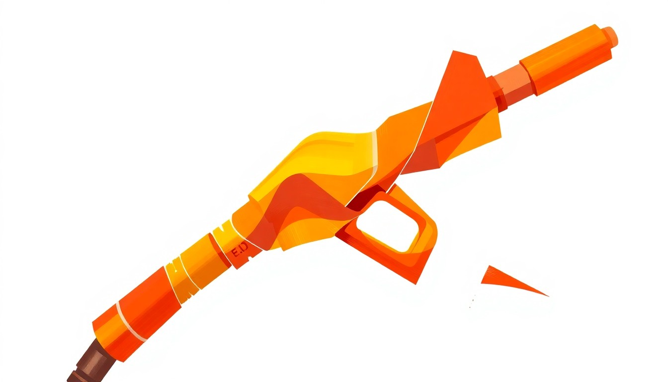 A vibrant, fragmented painting of a gas pump handle in overlapping geometric shapes and brushstrokes of red, orange, and yellow, conveying the volatility and instability of fuel prices during this political era.