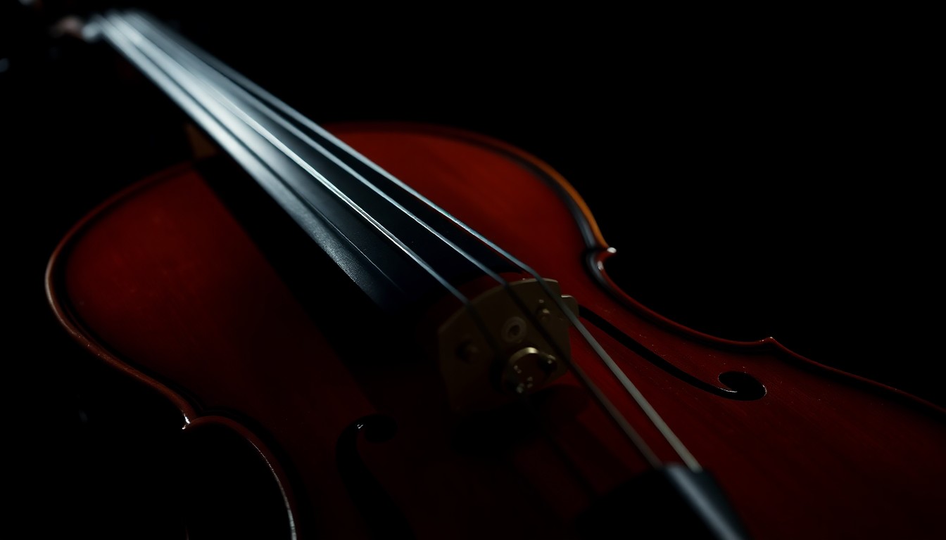 An extreme close-up photograph of a high-end musical instrument, such as a violin or cello, lit by a harsh, direct camera flash against a pitch-black background, capturing the texture and details of the instrument in a stark, investigative aesthetic.