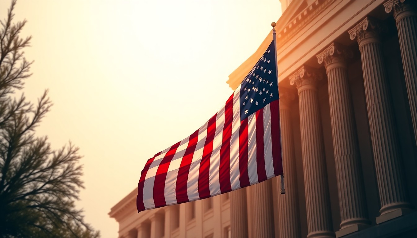 A quiet, cinematic painting of an American flag hanging on a government building, the fabric illuminated by warm, diagonal sunlight and deep shadows, conveying a sense of political transition and uncertainty.