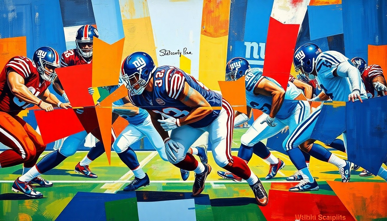 A cubist, geometric painting depicting the fragmented movements and actions of a defensive lineman on a football field, rendered in the Giants' blue and red team colors.