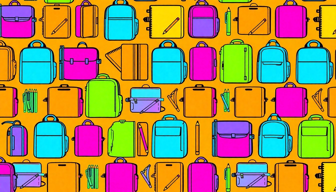 A brightly colored, high-contrast silkscreen print of a single, iconic school supply item repeated in a tight grid pattern, conceptually representing the complex issues facing the Los Angeles Unified School District.