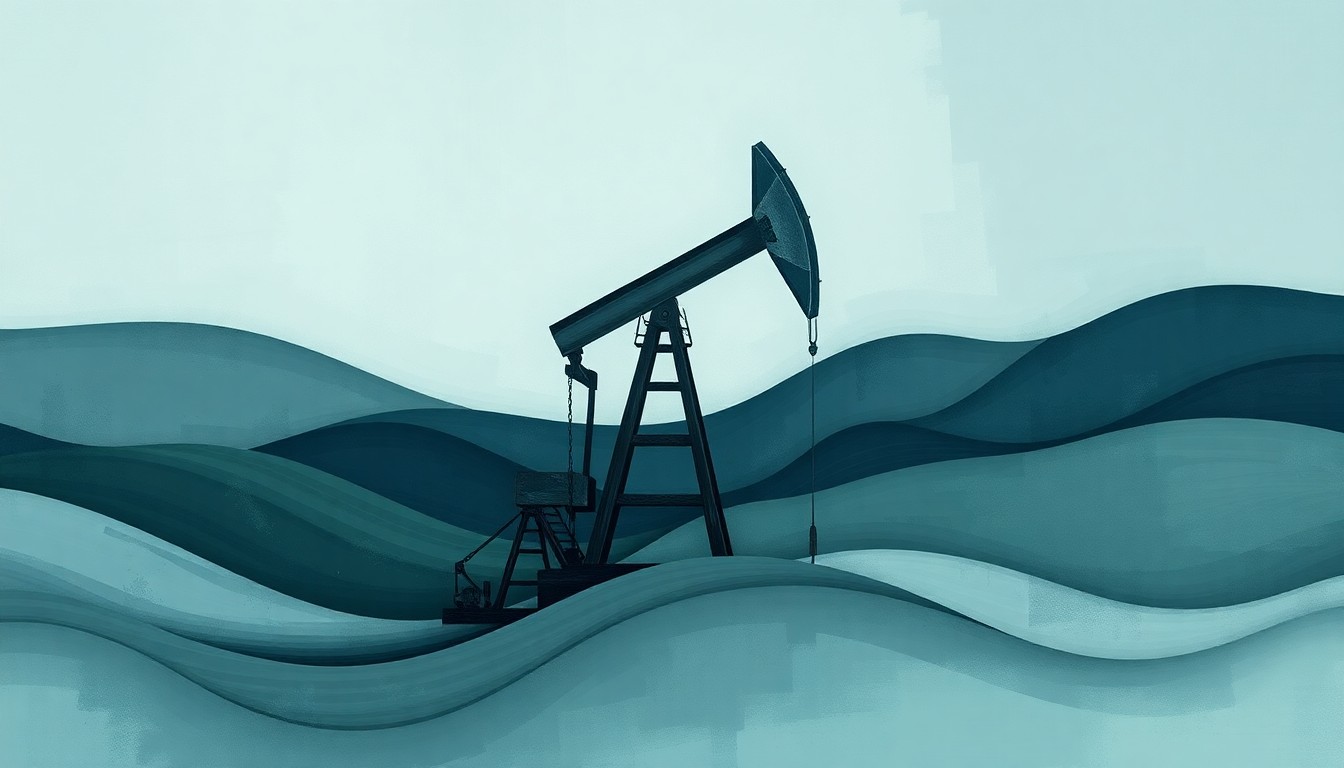 A fragmented, abstract painting of an oil pump jack in overlapping geometric shapes and brushstrokes of muted blue, grey, and green hues, conveying a sense of motion and uncertainty about the future of fossil fuel energy.