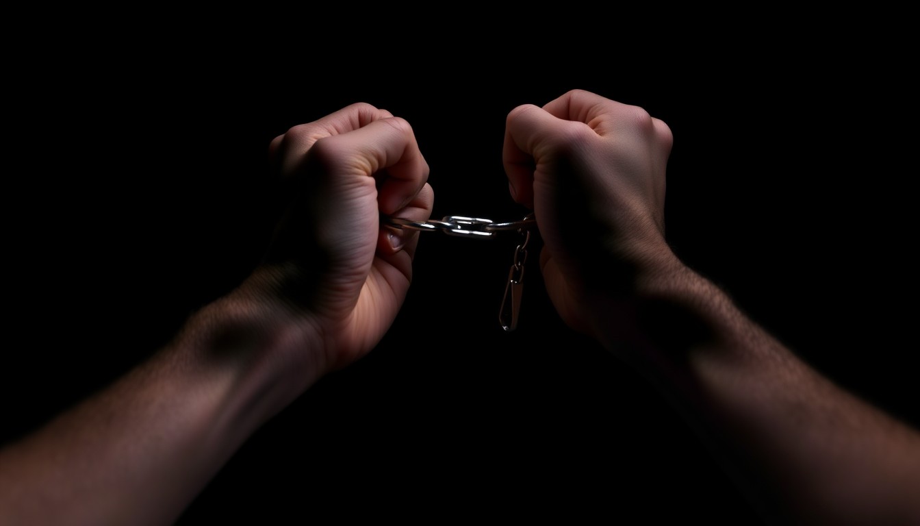 An extreme close-up photograph of a pair of handcuffed wrists against a pitch-black background, conveying the stark, gritty nature of arrests and law enforcement at a major music event.