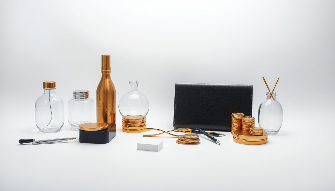 A minimalist, photorealistic studio still life featuring a collection of premium, polished corporate office objects arranged elegantly on a clean, monochromatic background, conceptually representing the abstract challenges of corporate strategy and adaptation.