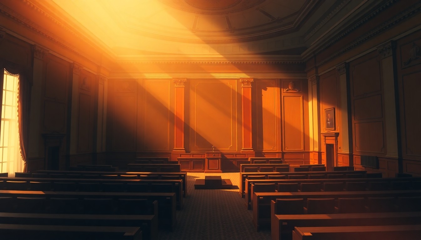A dimly lit, cinematic painting of an empty government office or legislative chamber, with warm sunlight streaming through the windows and deep shadows cast across the room, creating a sense of uncertainty and transition.